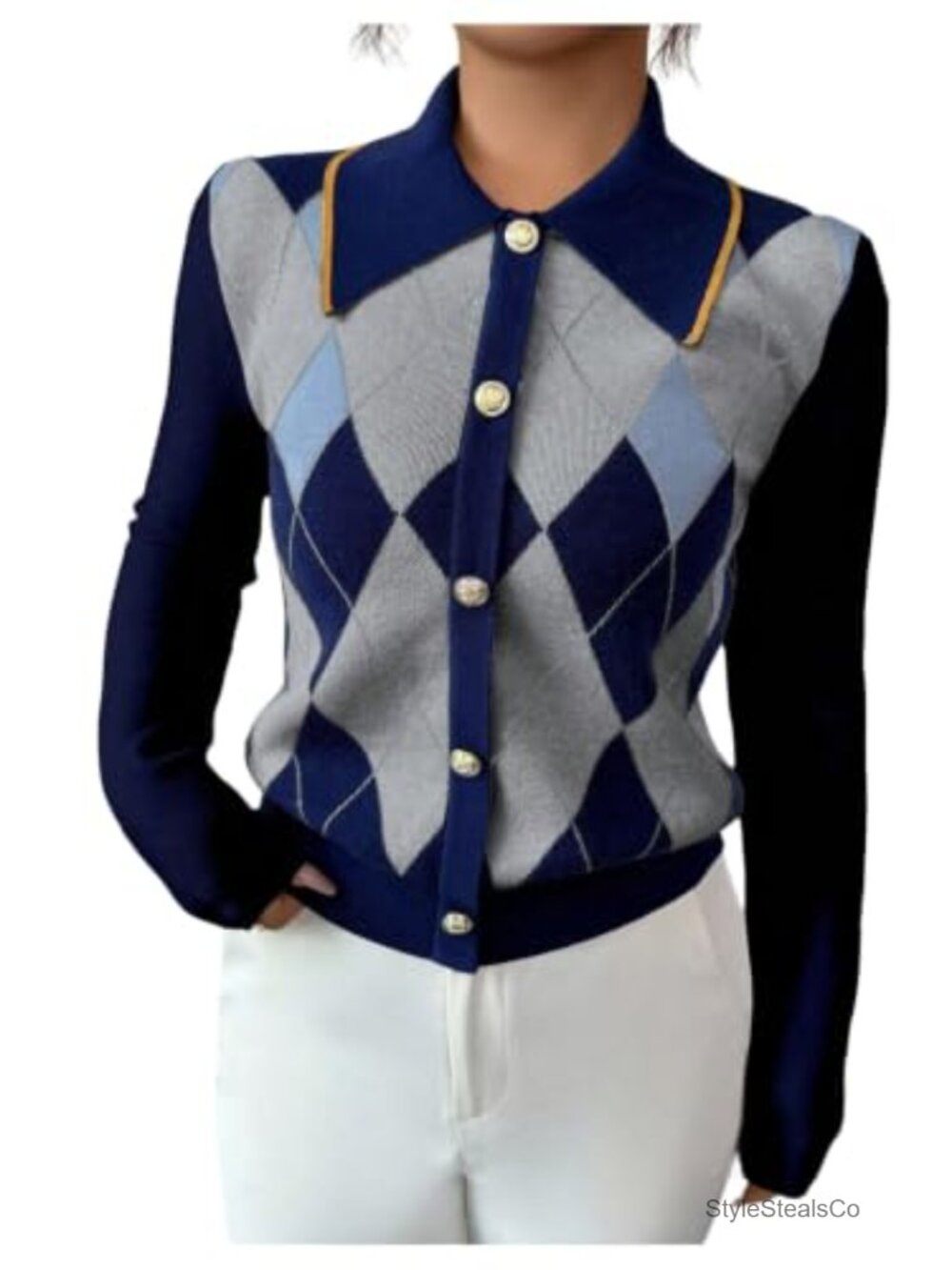 Preppy Argyle Plaid Button Collared Sweater Long Sleeve Knit Pullover
